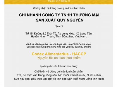 GIẤY CHỨNG NHẬN HACCP của CN Công Ty TNHH TMSX Quy Nguyên tại Chùa Long Hương